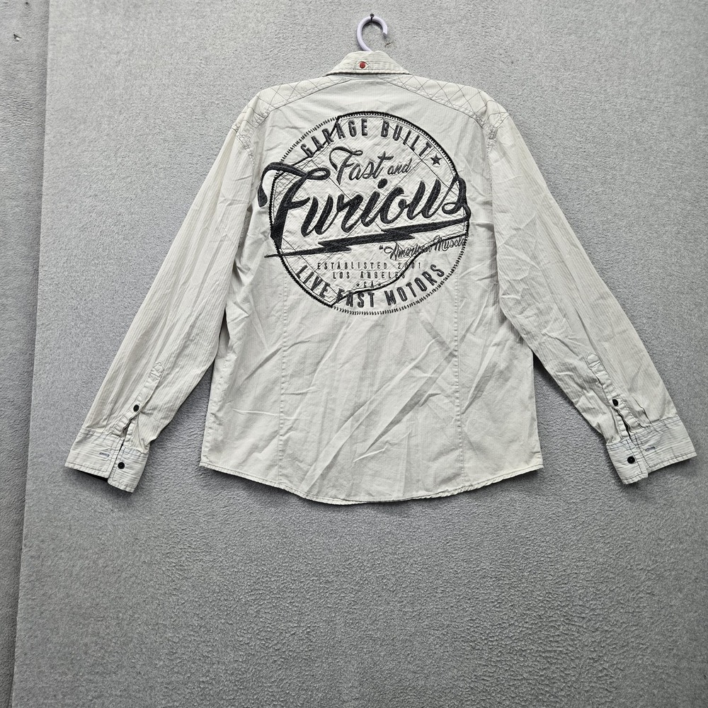 Fast & Furious By Affliction Men Button Up Shirt XL Gray Logo Embroidered Grunge